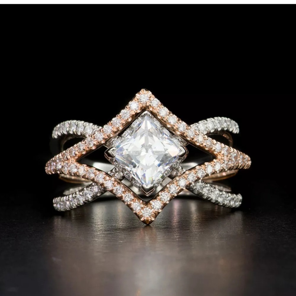 Two Tone 925Silver Rings Gorgeous White Sapphire